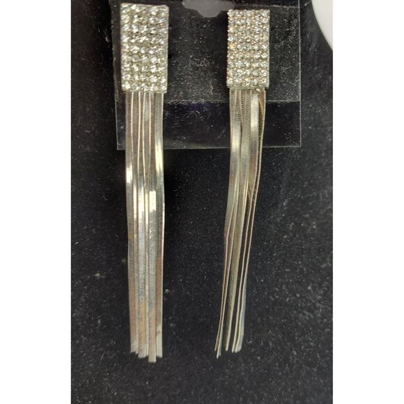 1980's Style Shoulder Duster Earrings, Silver Tone, Rhinestone, Retro Inspired - Picture 1 of 4